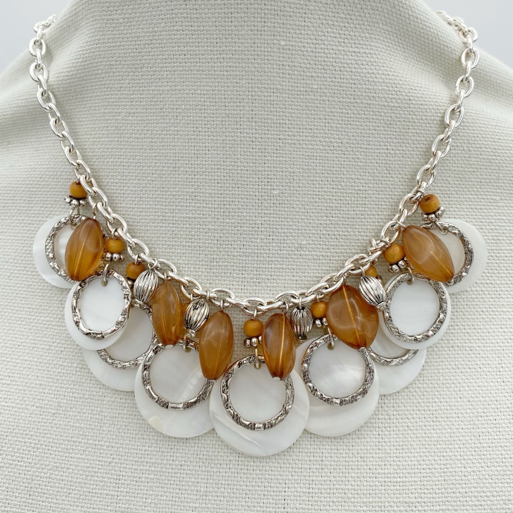 George Signed Mother Of Pearl Shell Silver Tone Necklace